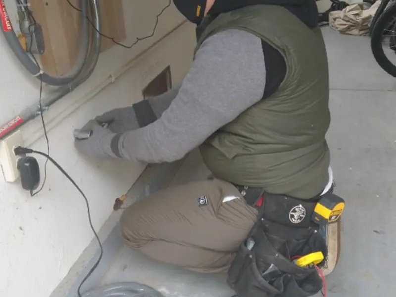 Electrician performing outlet wiring in a Chillum garage